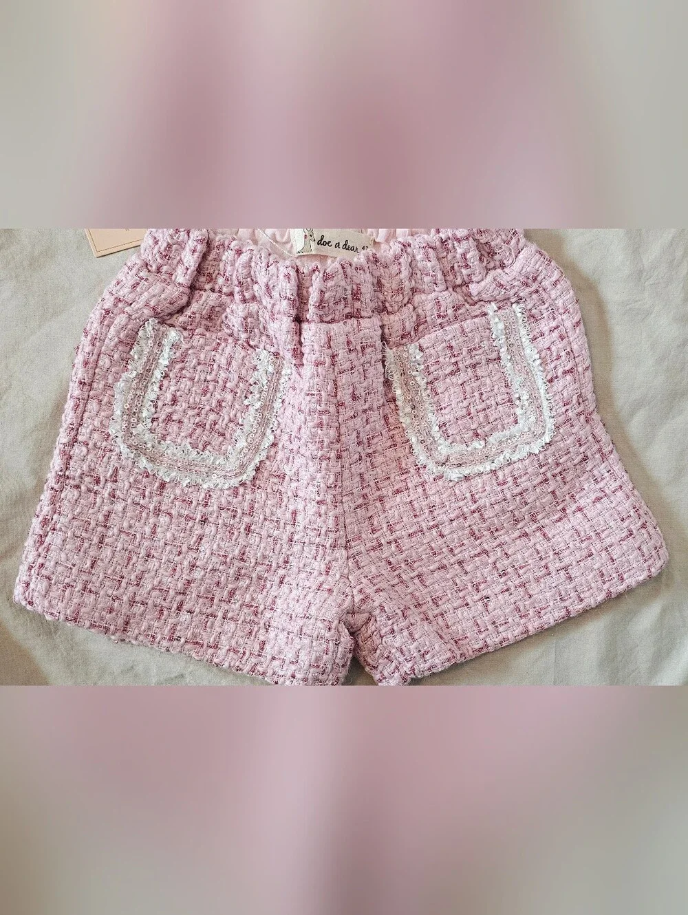 Doe A Dear Toddler Girls Pink Tweed Jacket and Shorts Set - Classic Two-Piece 4T